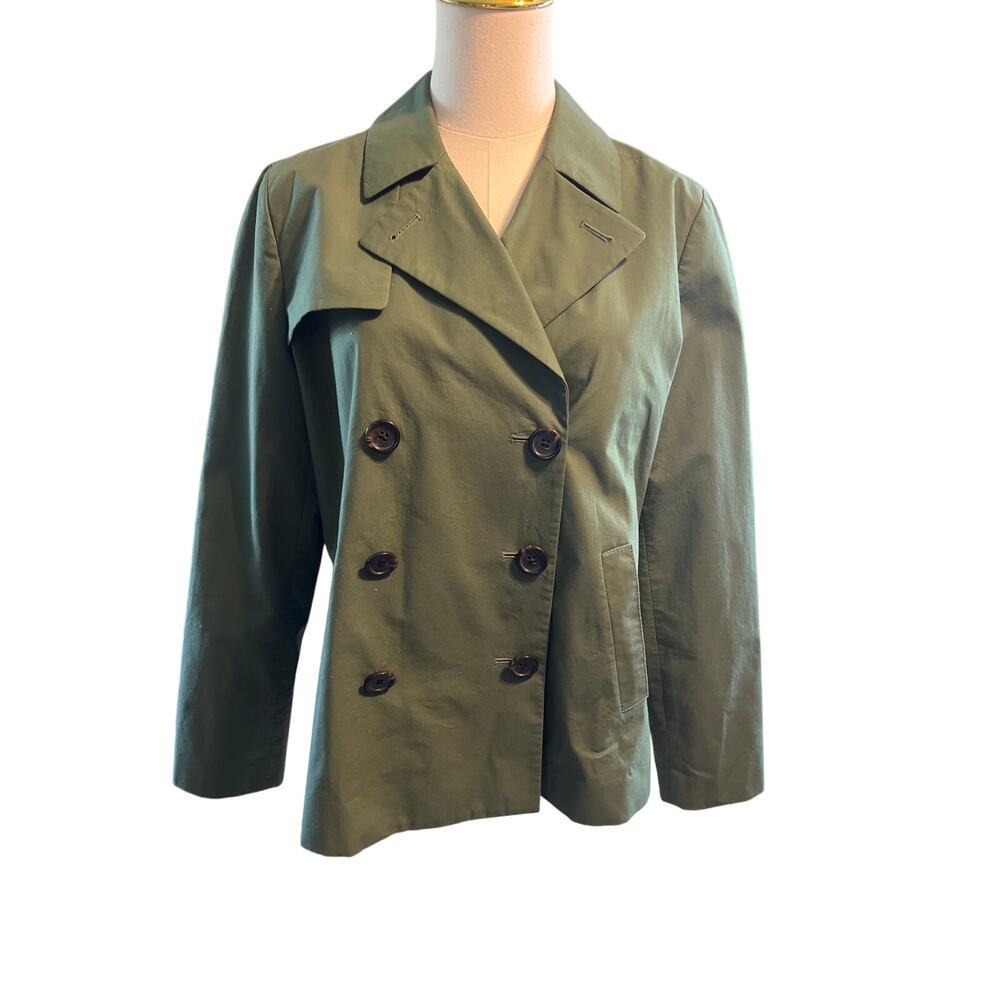 J. Crew Olive Green Swing Trench Coat C4593 Striped Lining Double Breasted Sz 4